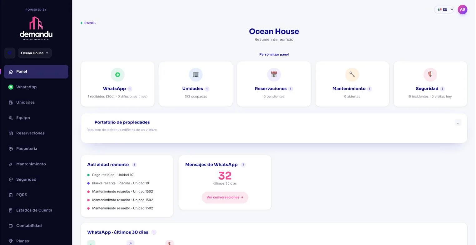 Panel de Demandu Property Management con WhatsApp, unidades, reservaciones, mantenimiento y seguridad del edificio